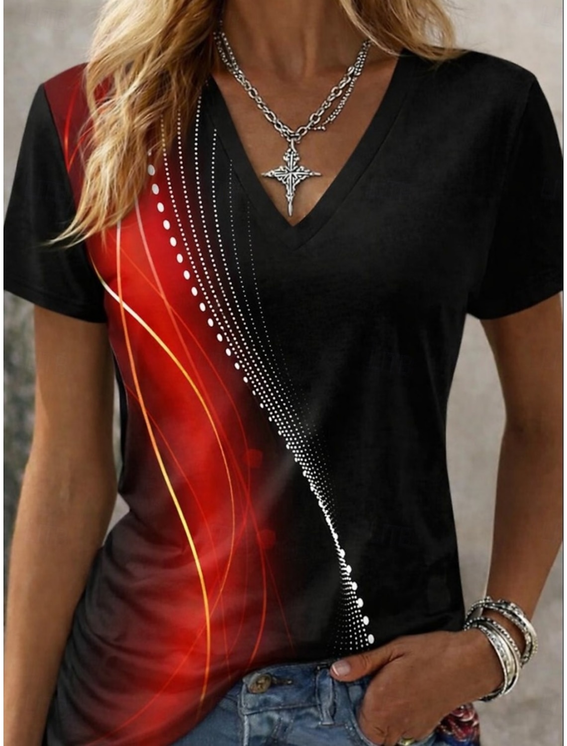 Women's T Shirt Color Block Print Graphic Animal Abstract Vintage Stylish Classic Short Sleeve V Neck Regular Tops Daily Weekend Blue Black and Red White Red Summer Spring Fall