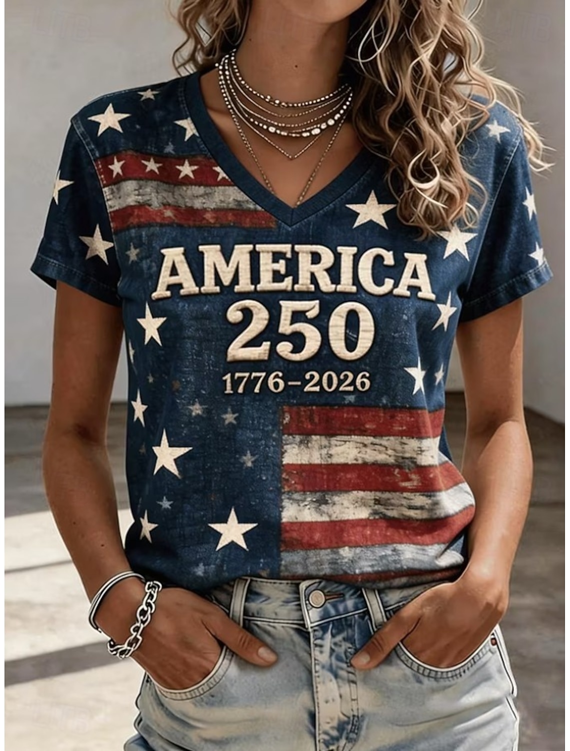 Independence Day Patriotic Women's T Shirt Graphic Flag Vintage Stylish Classic Short Sleeve V Neck Regular Tops Daily Print White Summer Spring