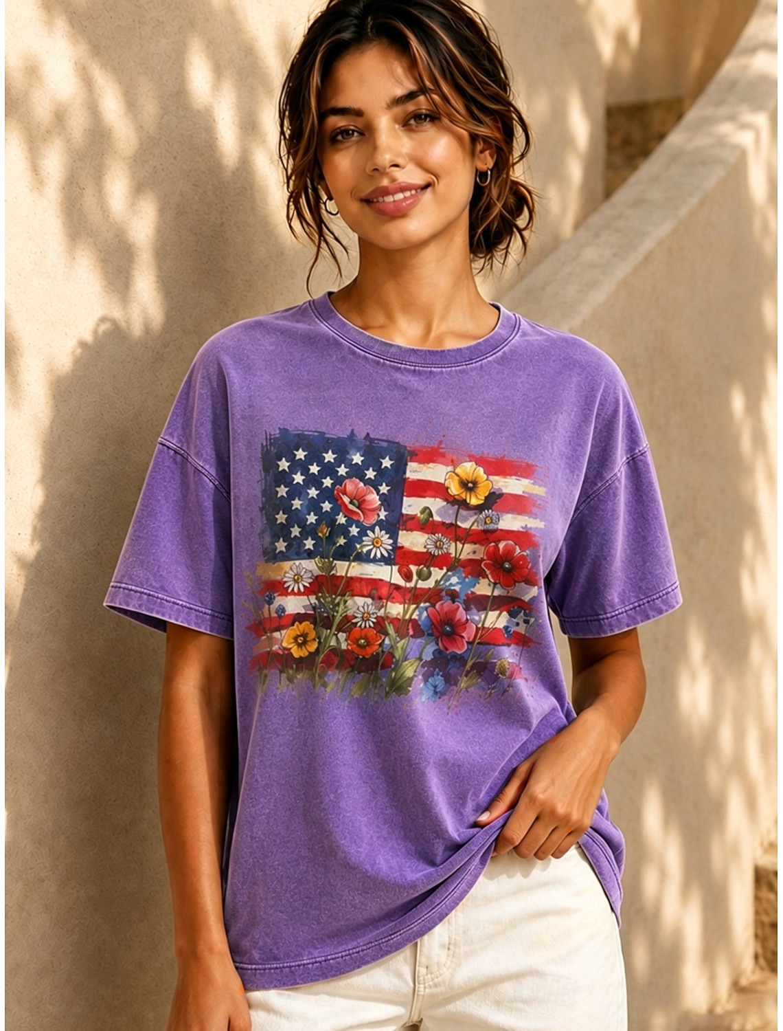 Independence Day Patriotic Women's T Shirt V Neck Long Sleeve Tunic Geometric National Flag Elegant Vintage Stylish Regular Tops Daily Weekend Print Red Navy Blue Blue Spring Prefall