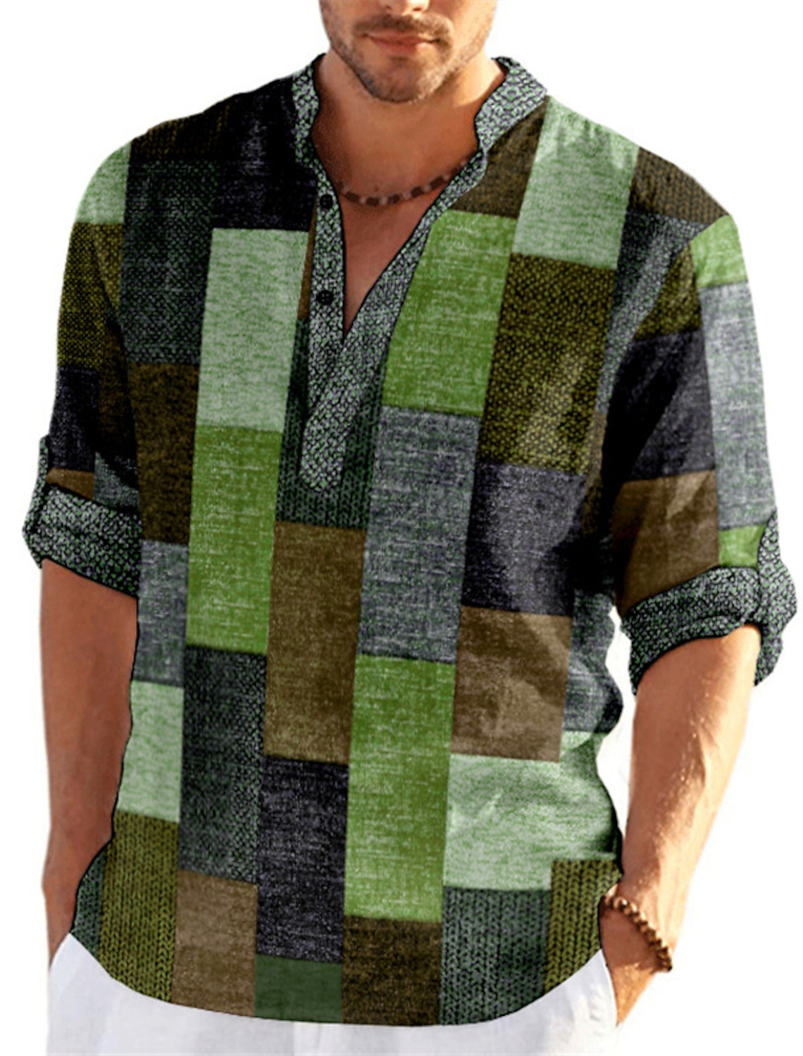 Men's Plaid / Check Patchwork Geometric Pattern Shirt Button Up Shirt Long Sleeve Fashion Streetwear Designer Casual Going out Summer Spring Fall Stand Collar Print Blue Khaki Khaki+Khaki Black White