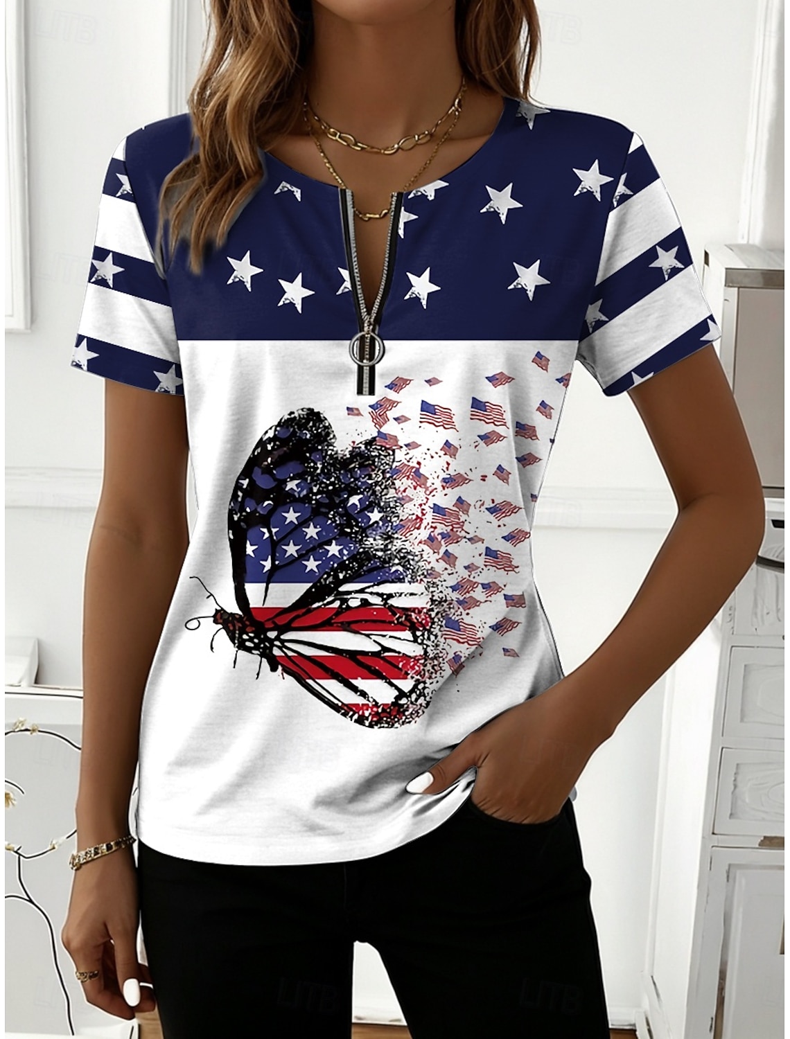 American Independence Day Women's T Shirt Print Graphic American Flag Vintage Stylish Classic Short Sleeve V Neck Regular Tops Casual Daily White-Blue White Red White Summer Spring Fall Winter