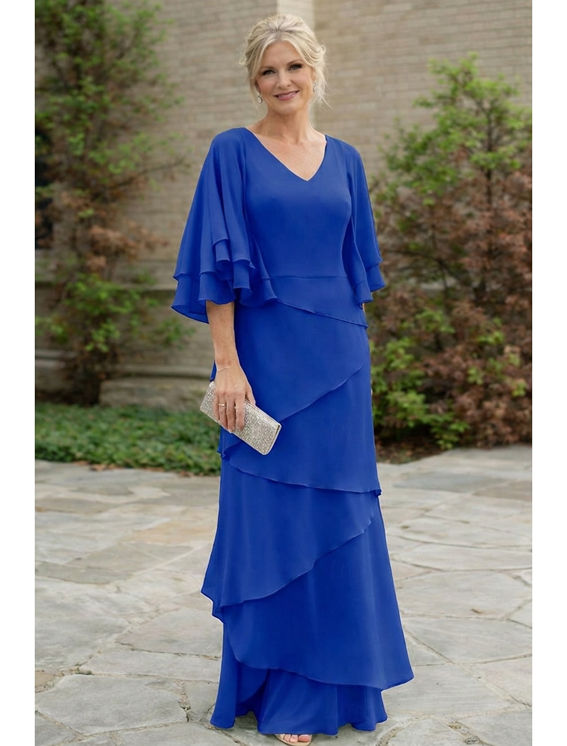 Two Piece A-Line Floor Length Wedding Guest Dress Formal Dresses Tiered Dress Mother of the Bride Dress Half Sleeve V Neck Elegant Wrap Included Wedding Guest Engagement Party Chiffon Wrap Included