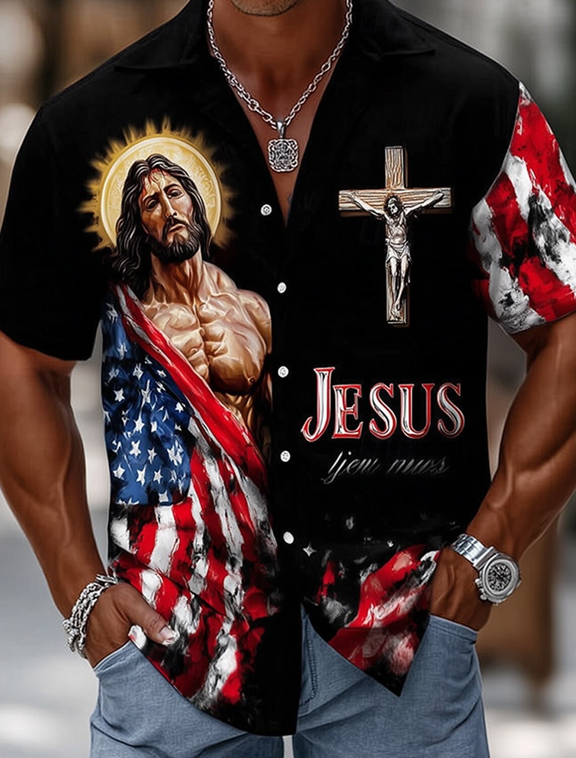 Men's 4th of July U.S. 250th Anniversary Jesus US Flag Shirt Button Up Shirt Short Sleeve Patriotic Outdoor Holiday Summer Spring Turndown 3D Print Collared Shirts Black 1 Black