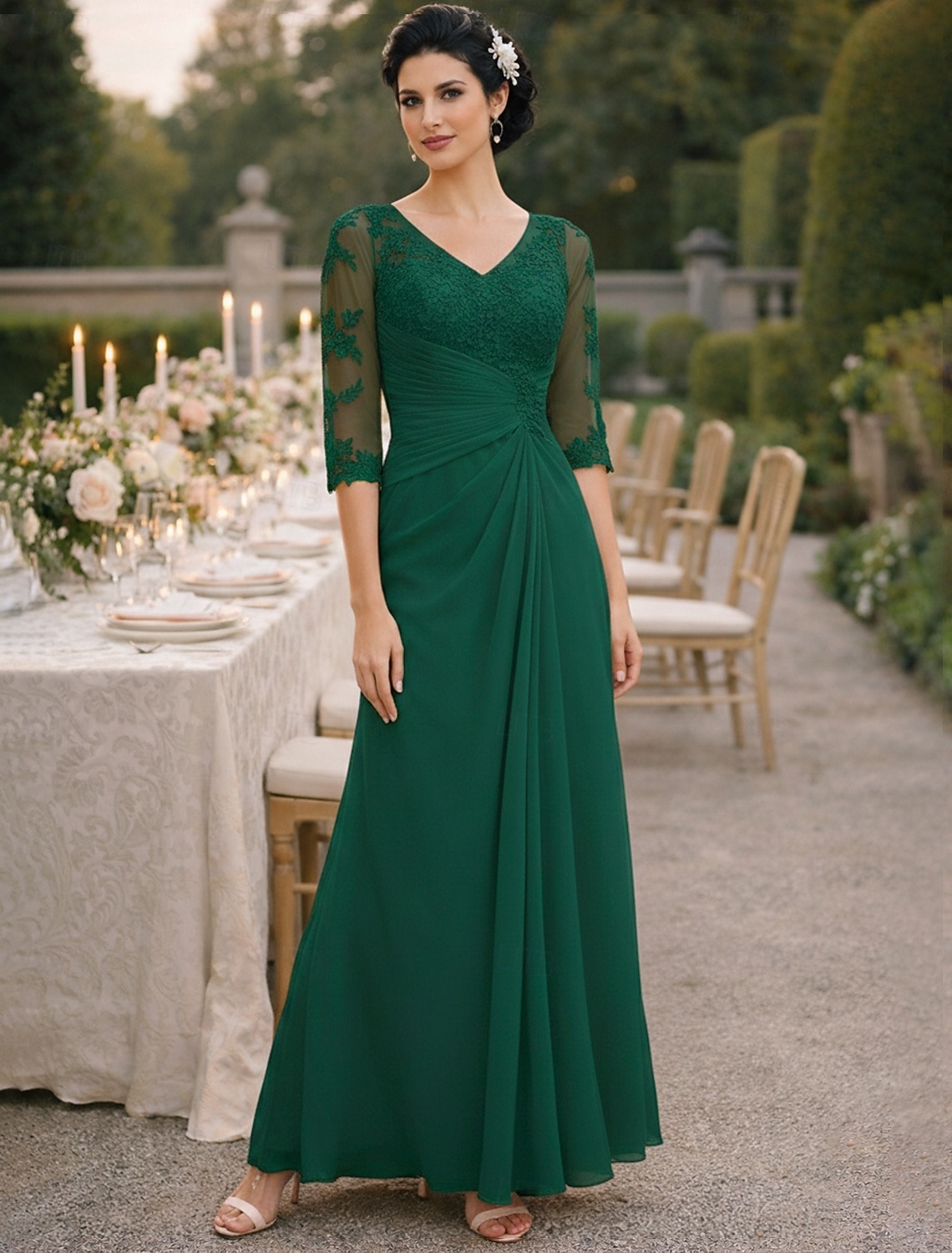 A-Line Floor Length Wedding Guest Dress Formal Dresses Evening Gown Mother of the Bride Dress Half Sleeve V Neck Elegant Plus Size See Through Wedding Guest Chiffon with Appliques Side Draping