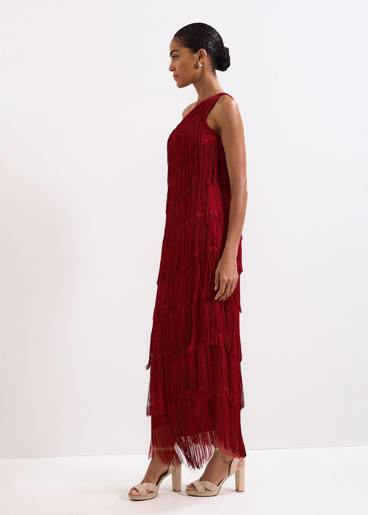 Otto Red One Shoulder Fringe Maxi Dress