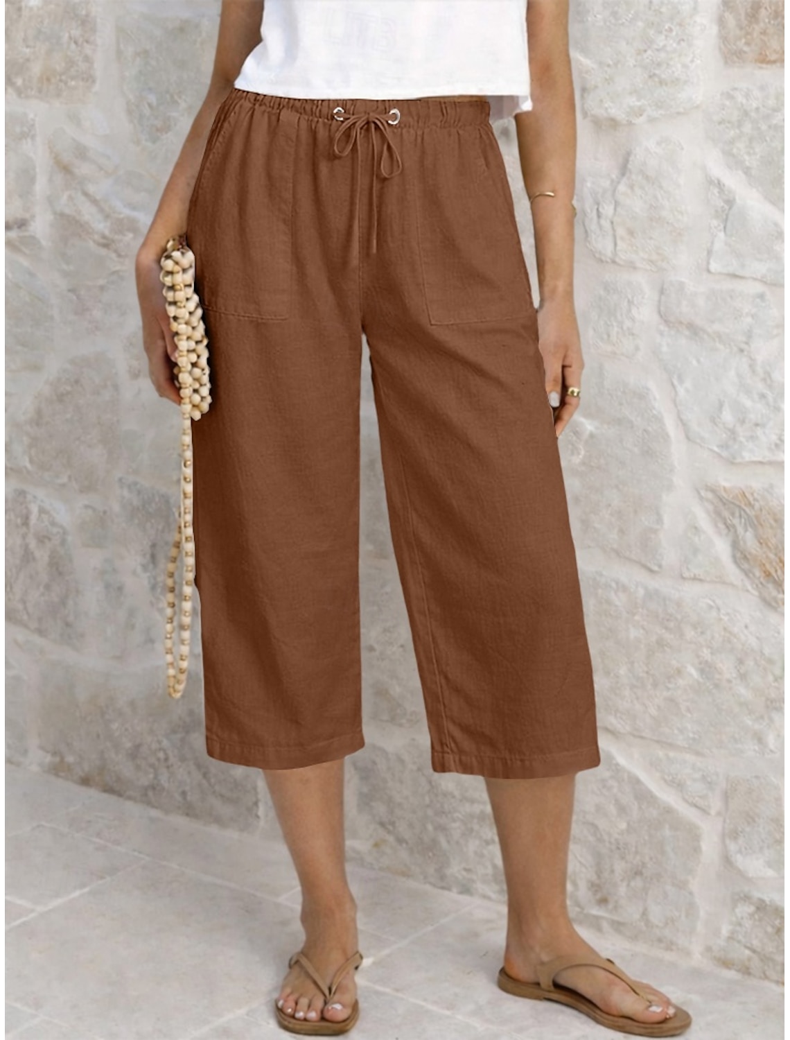 Women's Capri Pants Summer Shorts Cropped Pants Linen Capri Pants Fashion Basic Calf-Length Medium Waist Plain Drawstring Pocket Elastic Waist Lightweight Breathable Inelastic Vacation Street Daily