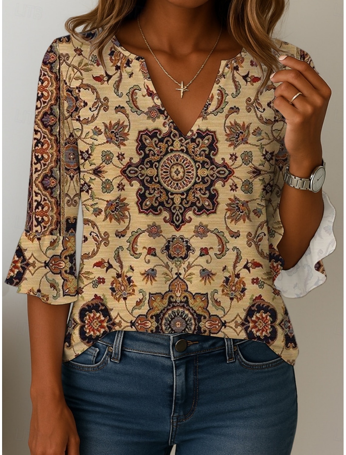 Women's Blouse Print Floral Graphic Ethnic Retro Vintage 3/4 Length Sleeve V Neck Regular Tops Daily Holiday Blue Red Brown Khaki Summer Spring Fall