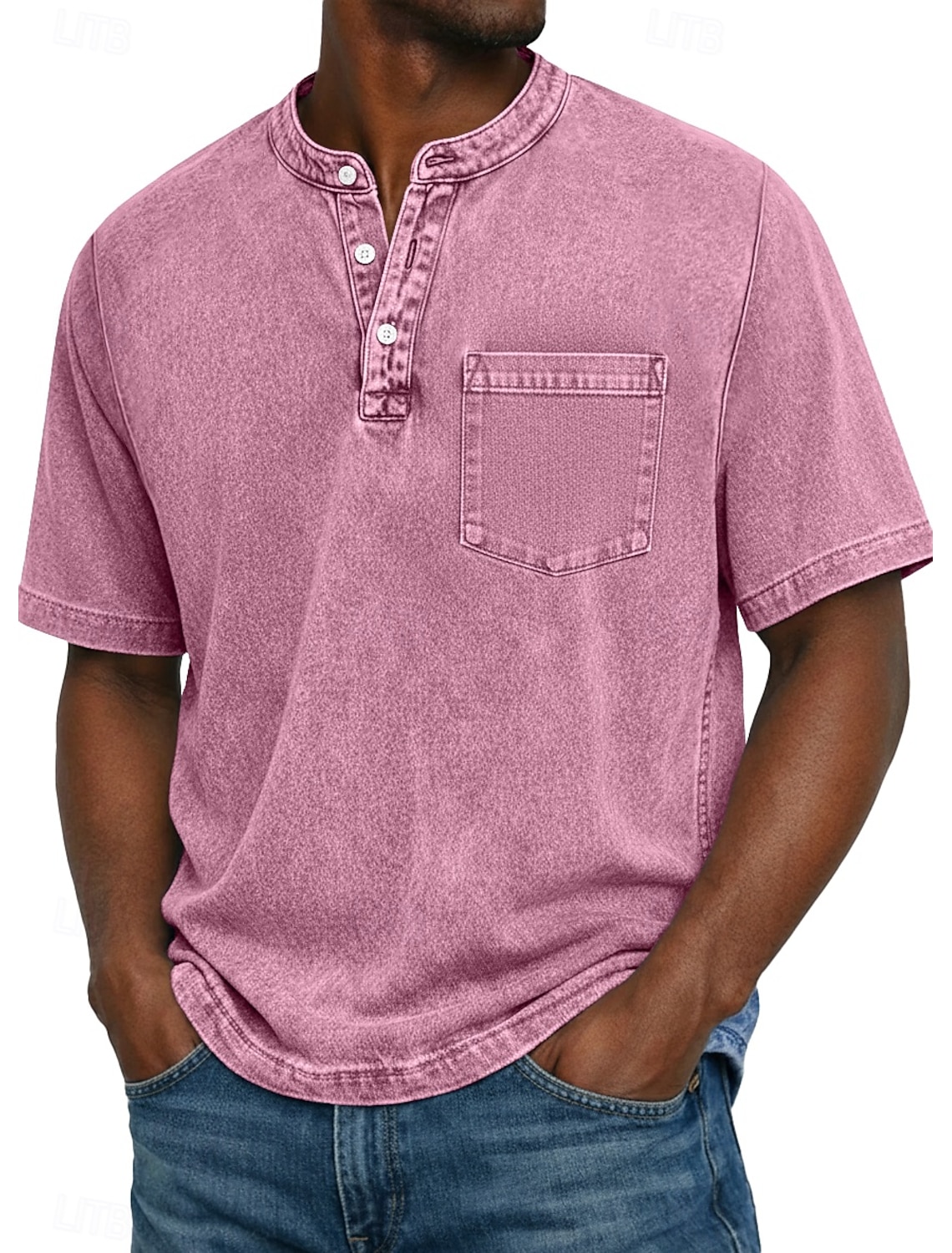 Men's Henley Shirt 100% Cotton Acid Wash Shirt T shirt Tee Short Sleeve Solid Retro Vintage Casual Pocket Vintage Style Washed Henley Casual Spring & Summer Summer Spring Pink Light Green Dark Green