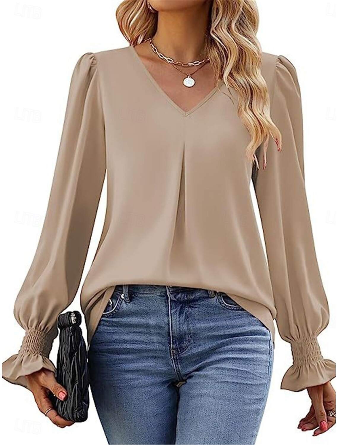 Women's Shirt Blouse Basic Casual Solid Color Regular Tops Long Sleeve V Neck Regular Fit Daily Fall Winter