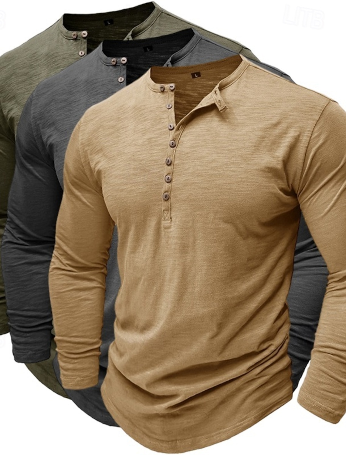 3pcs Men's Henley Shirt Tee Top Long Sleeve Solid Color Fashion Daily