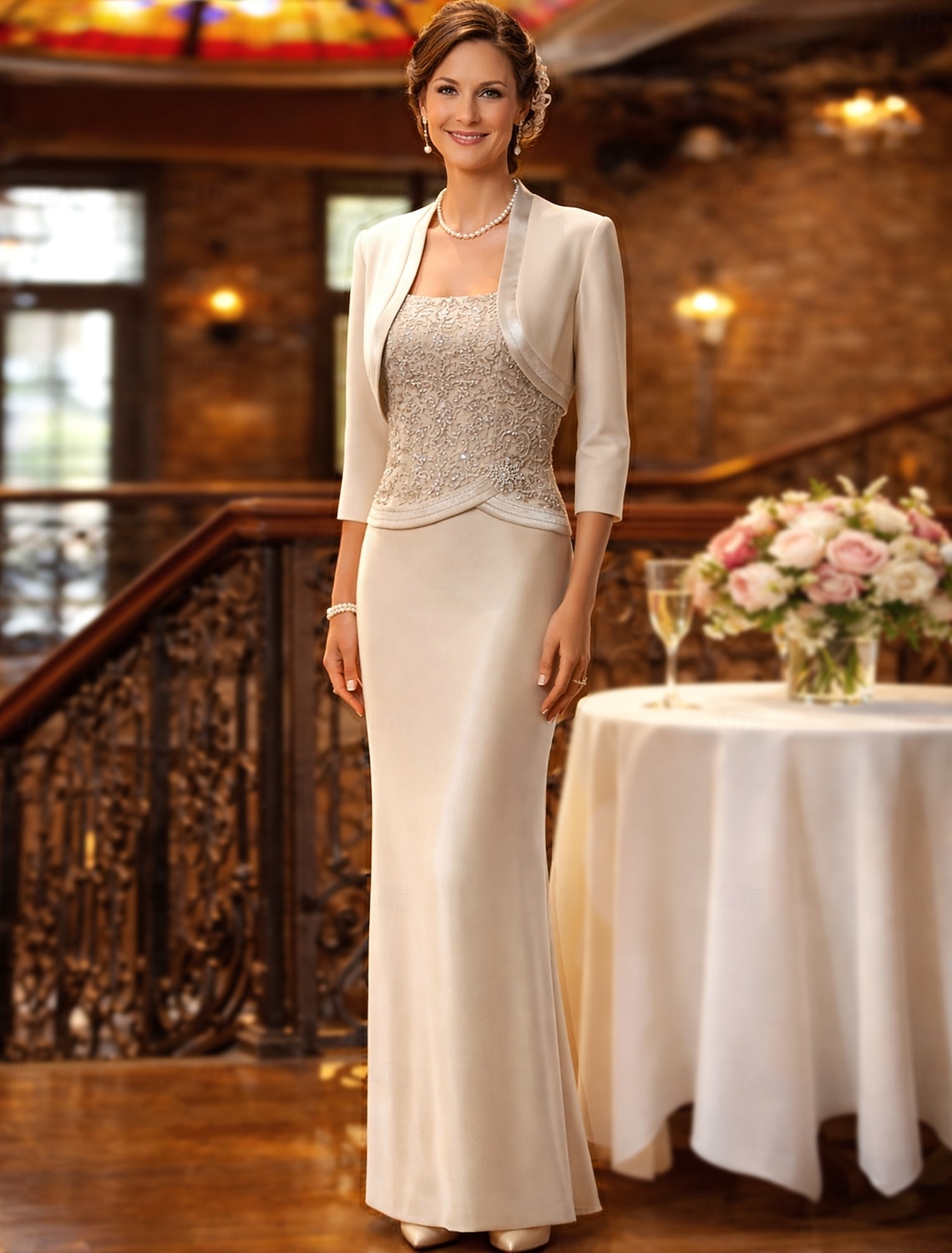 Sheath Column Floor Length Wedding Guest Dress Mother of the Bride Dress Sleeveless Straight Neckline Elegant Plus Size Wedding Guest Chiffon Satin Lace Short Jacket Dresses with Sash / Ribbon