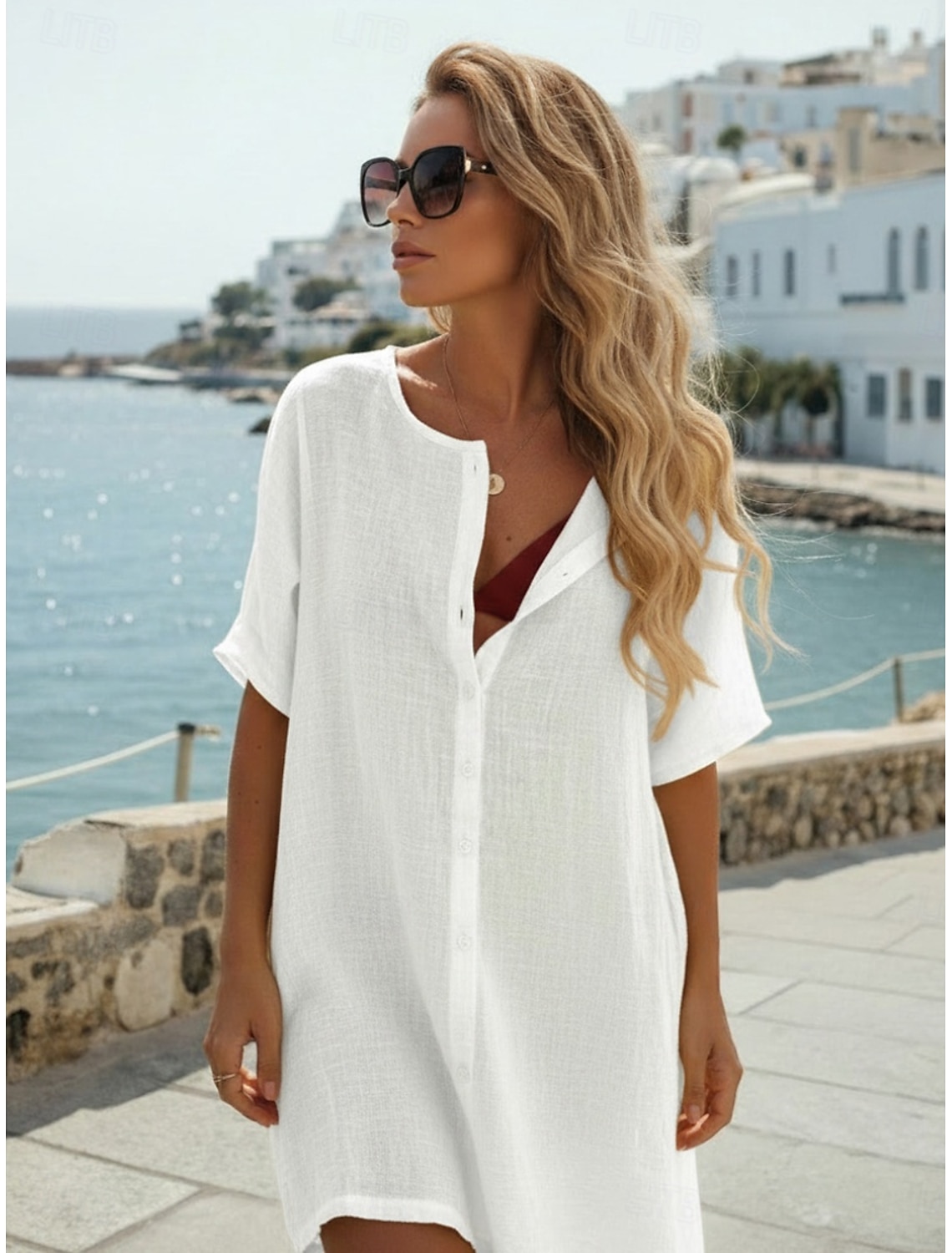 Women's Shirt Linen-feel Shirts Blouse Buttons Plain Active Stylish Short Sleeve Crew Neck Regular Tops Daily Holiday Going out White Yellow Rose Pink Summer Spring