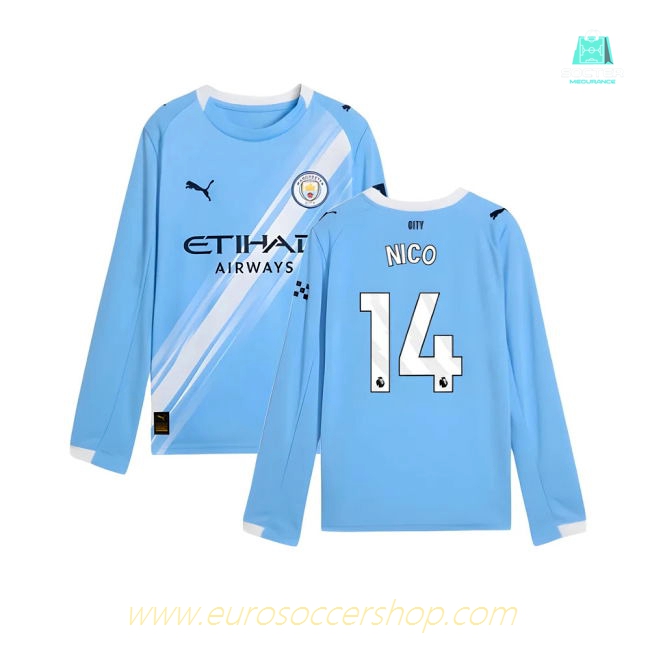 2025-2026 Man City Long Sleeve Home Shirt (Kids) (Nico 14)