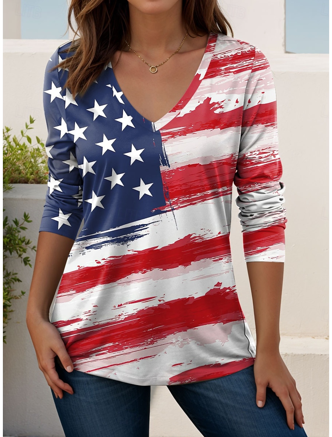 Independence Day PatrioticWomen's T Shirt Print Graphic Flag American Flag Stylish Classic Casual Long Sleeve Crew Neck Regular Tops Daily White Summer Spring