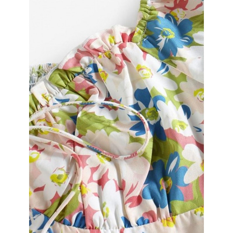 Floral Print Puff Sleeve Shirred Cropped  Blouse ZX9579