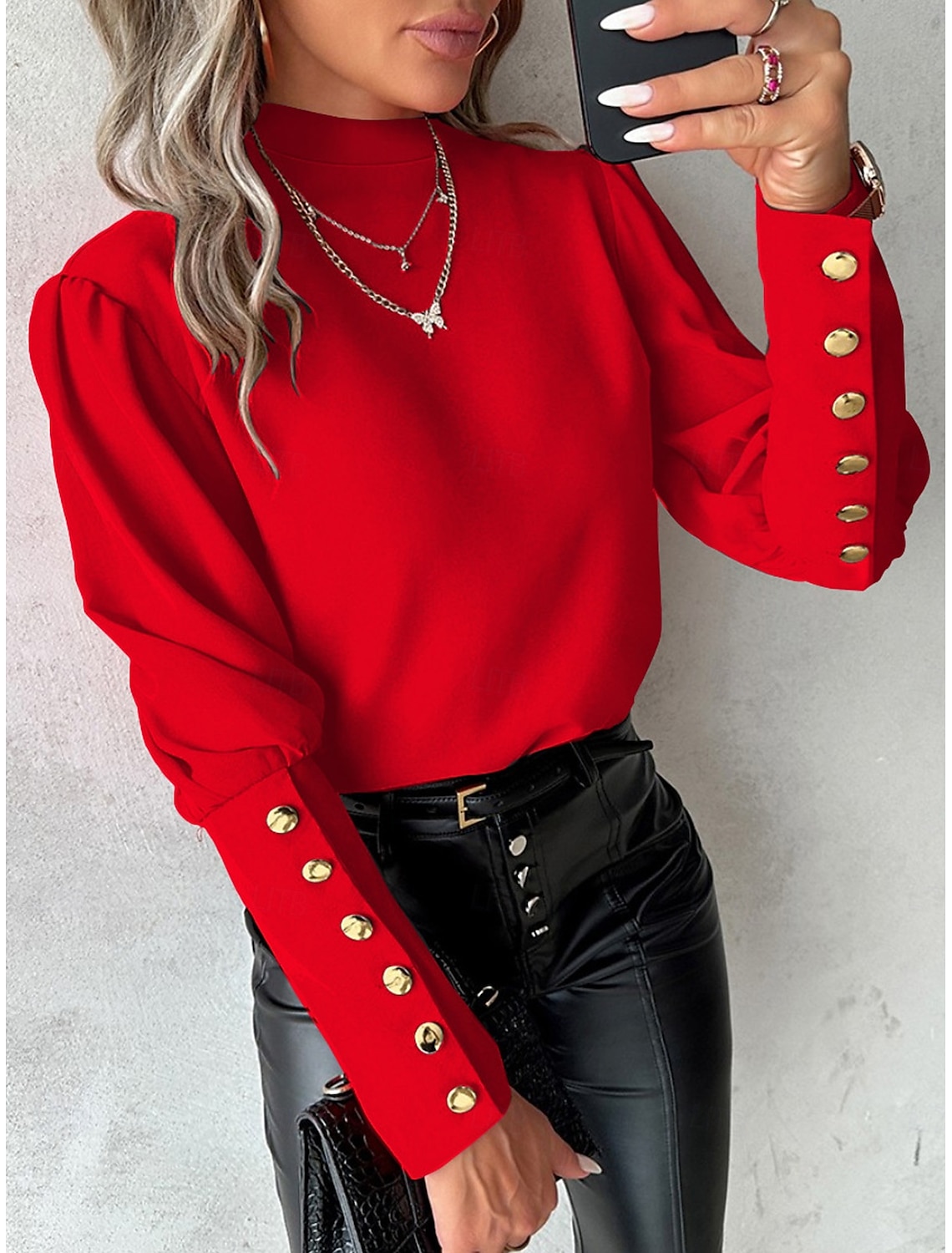 Women's Shirt Blouse Elegant Ladies Stylish Solid Color Long Sleeve High Neck Lace Buttons Slim Work Spring Fall Winter