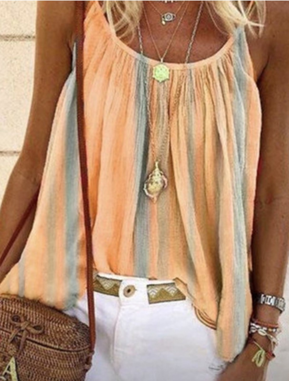 Women's Camisole Tank Top Camisole Summer Tops Yellow Pink Blue Stripes Pleated Holiday Boho Round Neck S