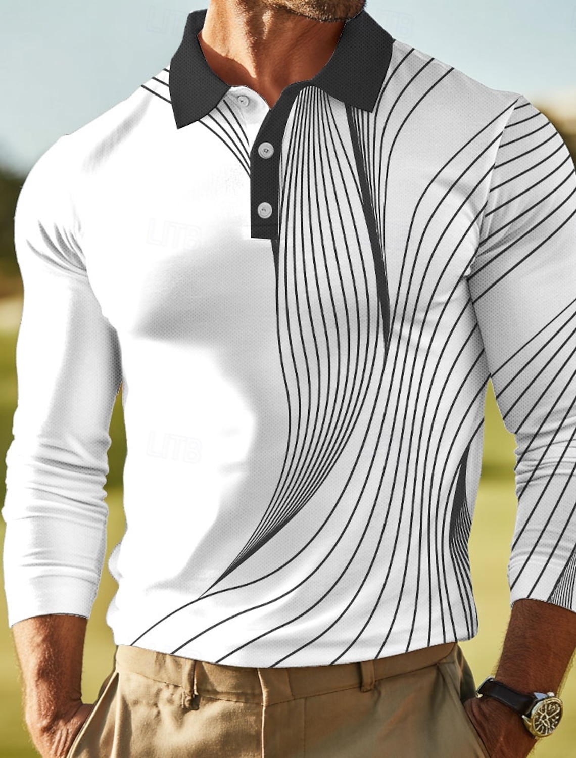 Men's Geometric Polo Long Sleeve Shirts Collared Business Casual
