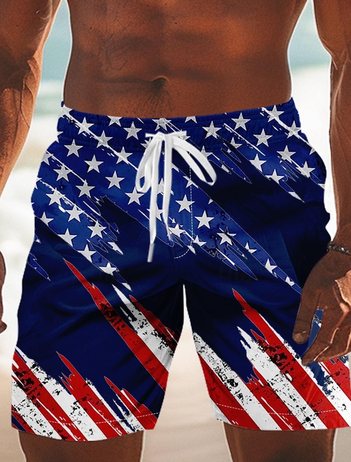 Men's 4th of July U.S. 250th Anniversary American Flag Swim Trunks Bathing Suits Swim Shorts Board Shorts Mid Waist Patriotic Holiday Side Pockets Mesh Lining Elastic Drawstring Waist Designer