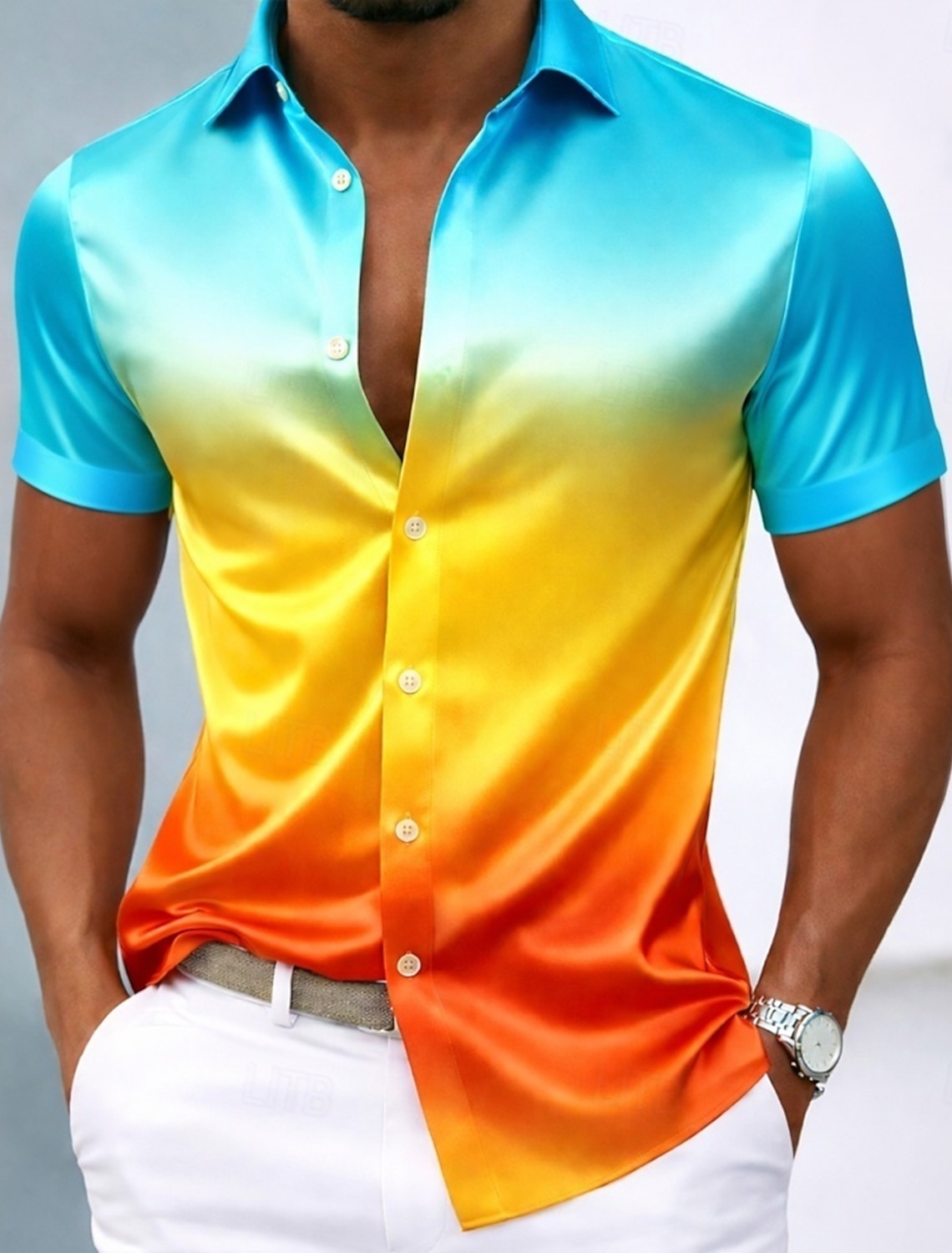 Men's Gradient Color Shirt Satin Dress Short Sleeve Fashion Casual