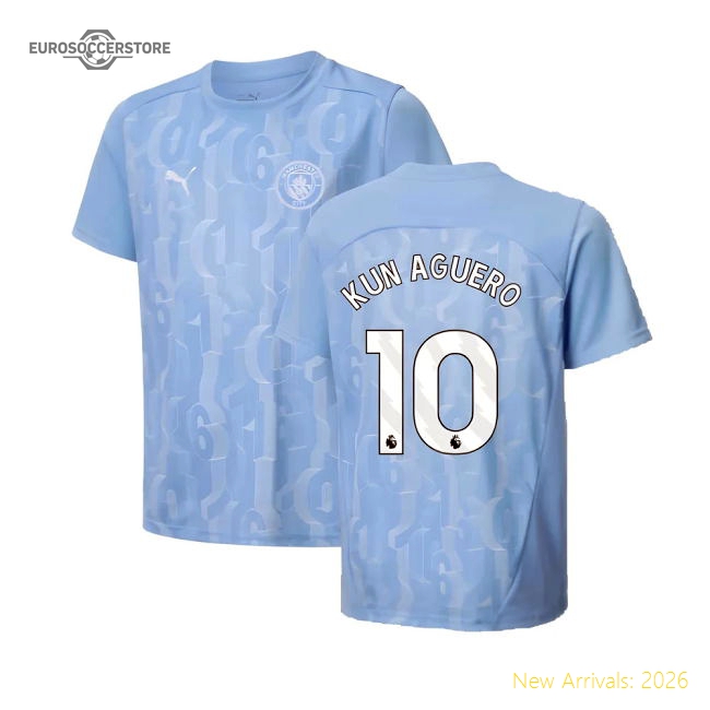 Light Blue - Kids Kun Aguero 10 2024-2025 Man City Prematch SS Shirt