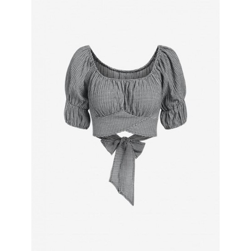 Gingham Puff Sleeve Crossover Blouse HB6489