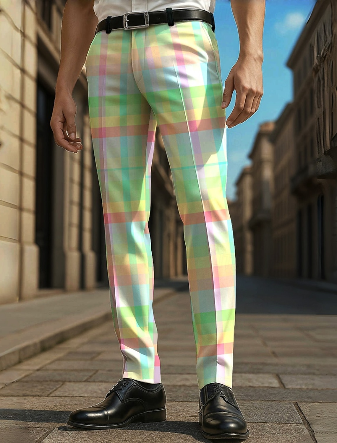 Men's Geometric Color Block Grid / Plaid Dress Pants Trousers Casual Pants Mid Waist Casual Vacation Party Daily Summer Spring Fall 3D Print Yellow Blue Green