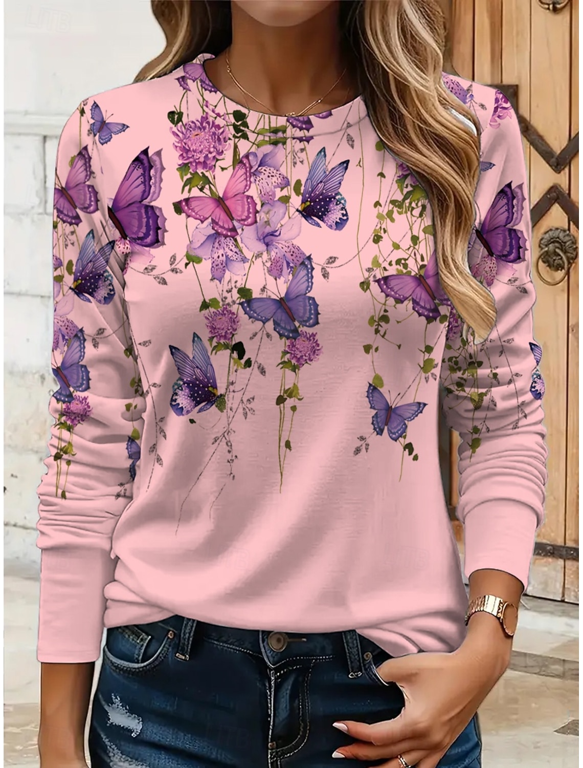 Women's T shirt Long Sleeve Crew Neck Long Sleeve Tunic Floral Graphic Butterfly Vintage Stylish Classic Round Neck Regular Tops Daily Print Black White Yellow Pink Blue Fall Prefall