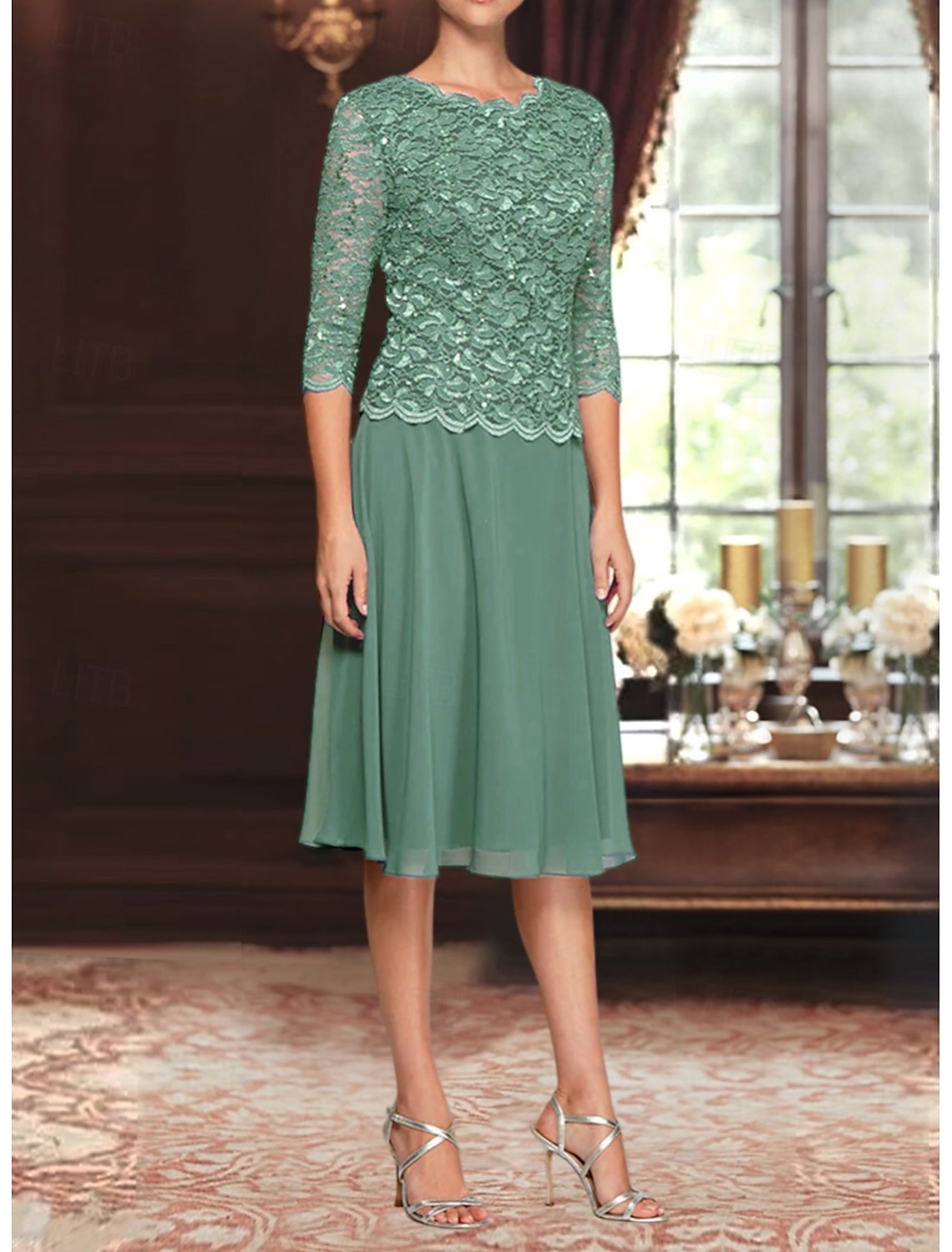 A-Line Knee Length Party Dress Cocktail Dress Wedding Guest Dress Mother of the Bride Dress 3/4 Length Sleeve Boat Neck Elegant Simple Minimalist Formal Wedding Guest Chiffon Lace with Lace Sequin