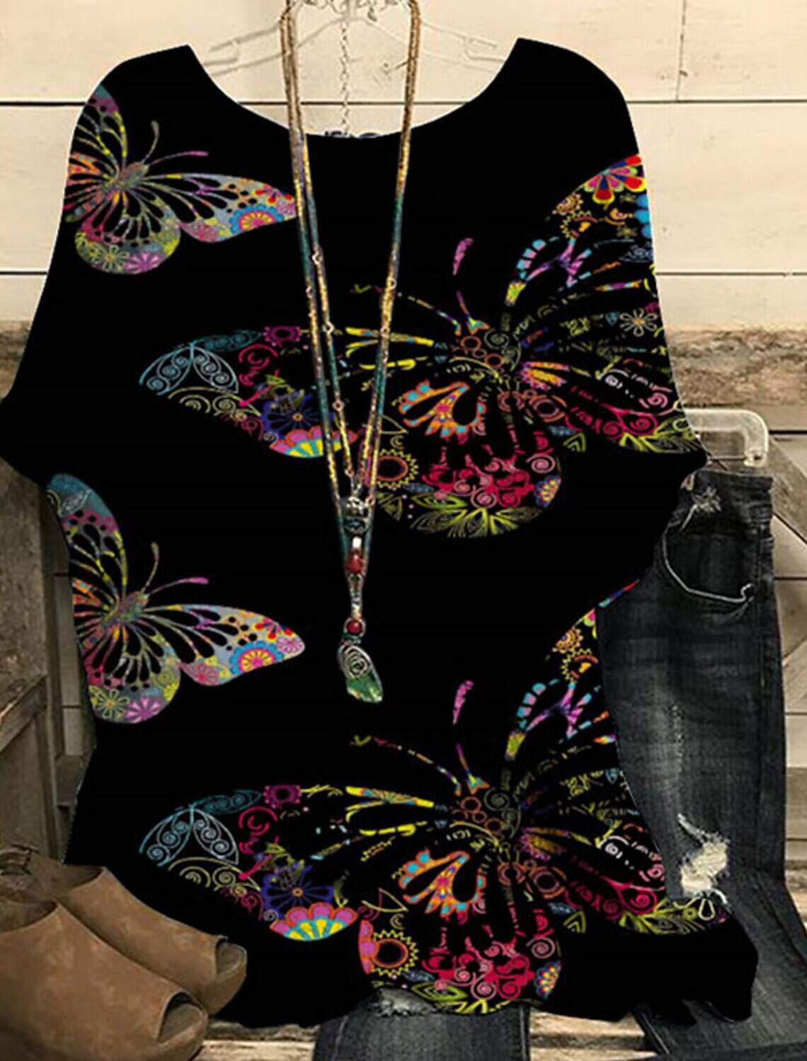 Women's Plus Size T Shirt Punk & Gothic Graphic Polka Dot Butterfly Regular Tops Short Sleeve Dolman Sleeve Round Neck Print Regular Fit Daily Going out Weekend Summer Spring