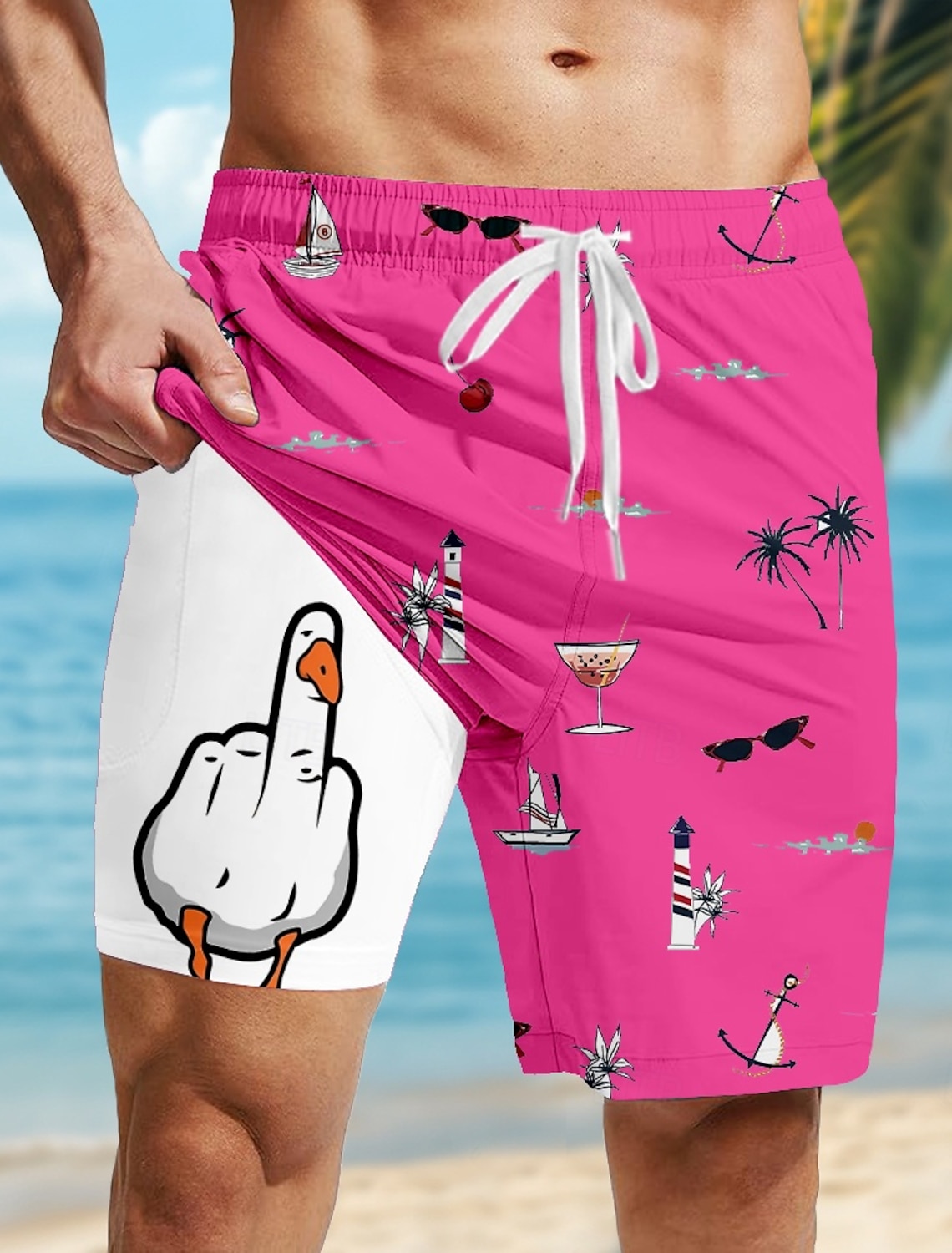 Men's Coconut Tree Funny Duck Lined Shorts 2 in 1 Board Shorts Swim Shorts Mid Waist Hawaiian Vacation Beach Wear Side Pockets With Compression Liner Elastic Drawstring Waist Designer Clothing Apparel