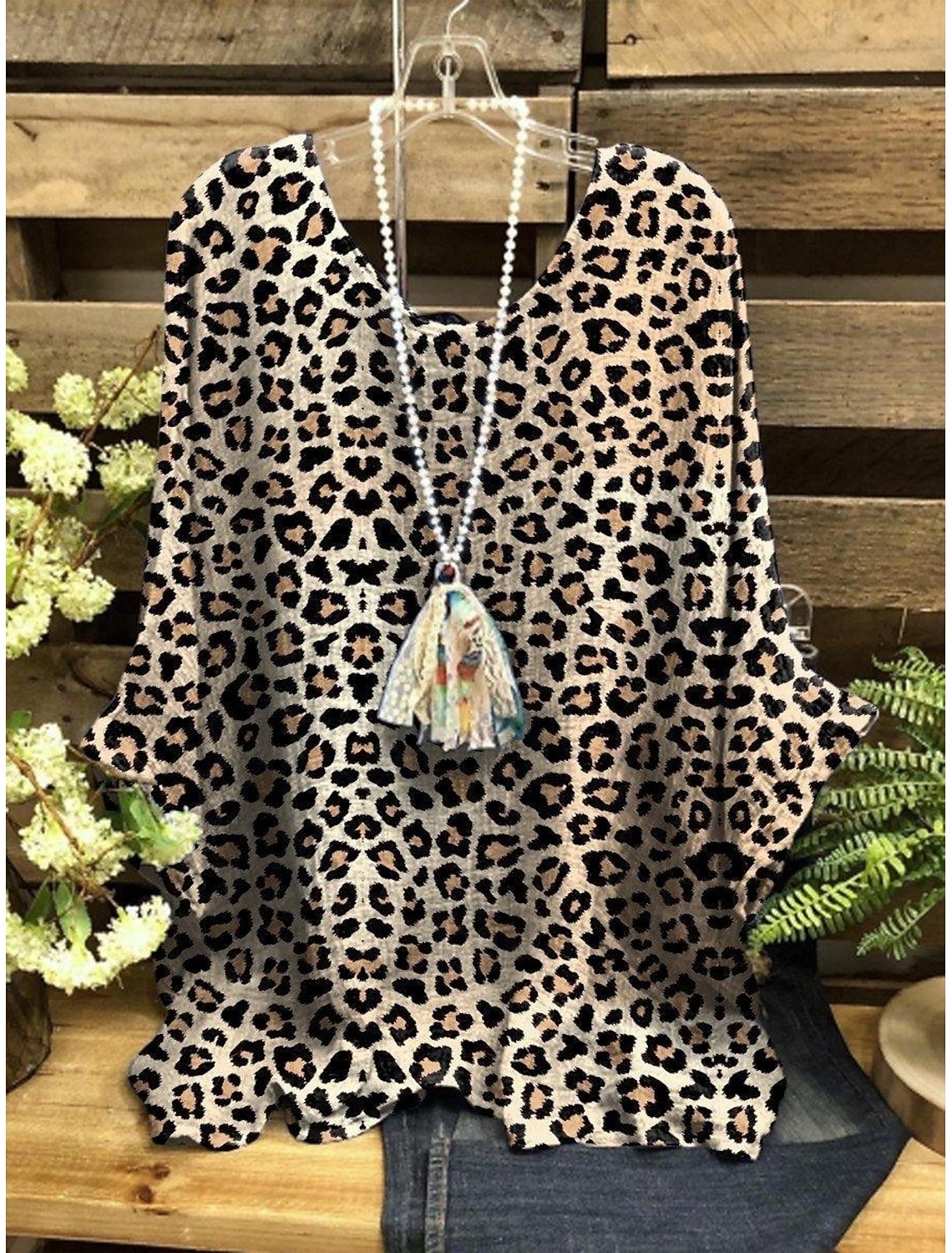 Women's Shirt Print Leopard Stylish 3/4 Length Sleeve Crew Neck Regular Tops Daily Holiday Purple Fuchsia Brown Summer