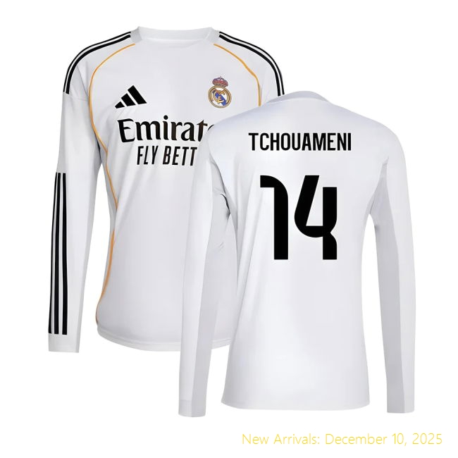 2025-2026 Real Madrid Long Sleeve RM Durable Home Shirt (Tchouameni