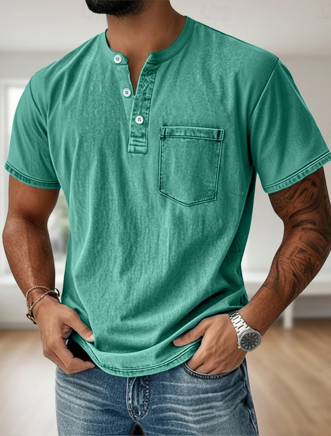 Men's Henley Shirt 100% Cotton Acid Wash T Tee Short Sleeve Solid #1