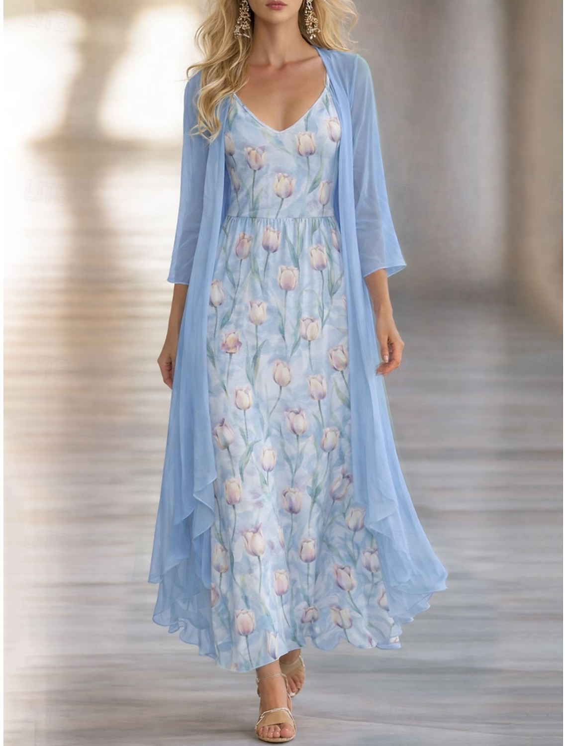 Women's Dress Set A Line Dress Elegant Vacation Floral Graphic Layered Print Maxi Dress 3/4 Length Sleeve V Neck Daily Vacation Blue Yellow Purple Summer Spring Regular Fit