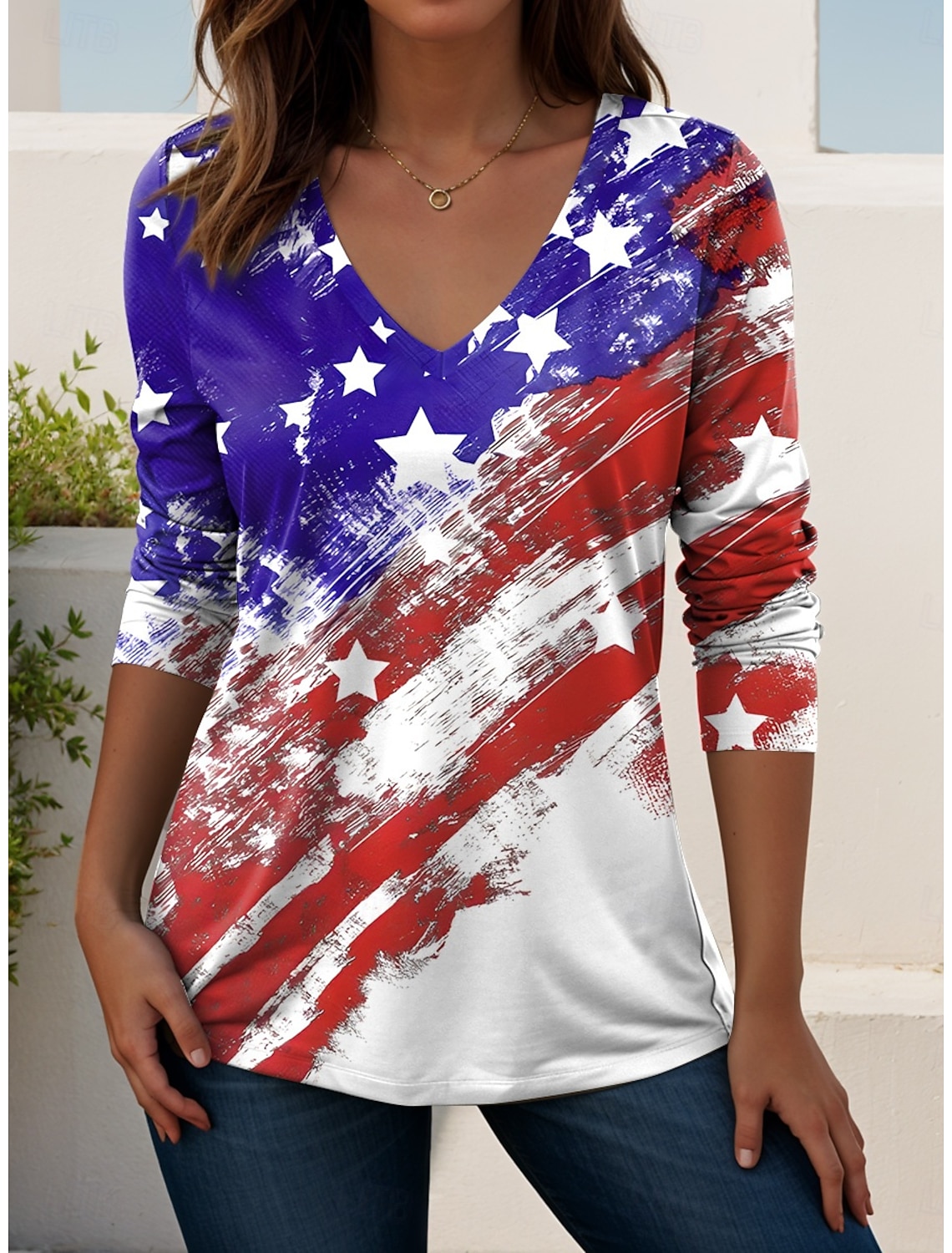 Independence Day PatrioticWomen's T Shirt Print Graphic Flag American Flag Stylish Classic Casual Long Sleeve Crew Neck Regular Tops Daily White Summer Spring