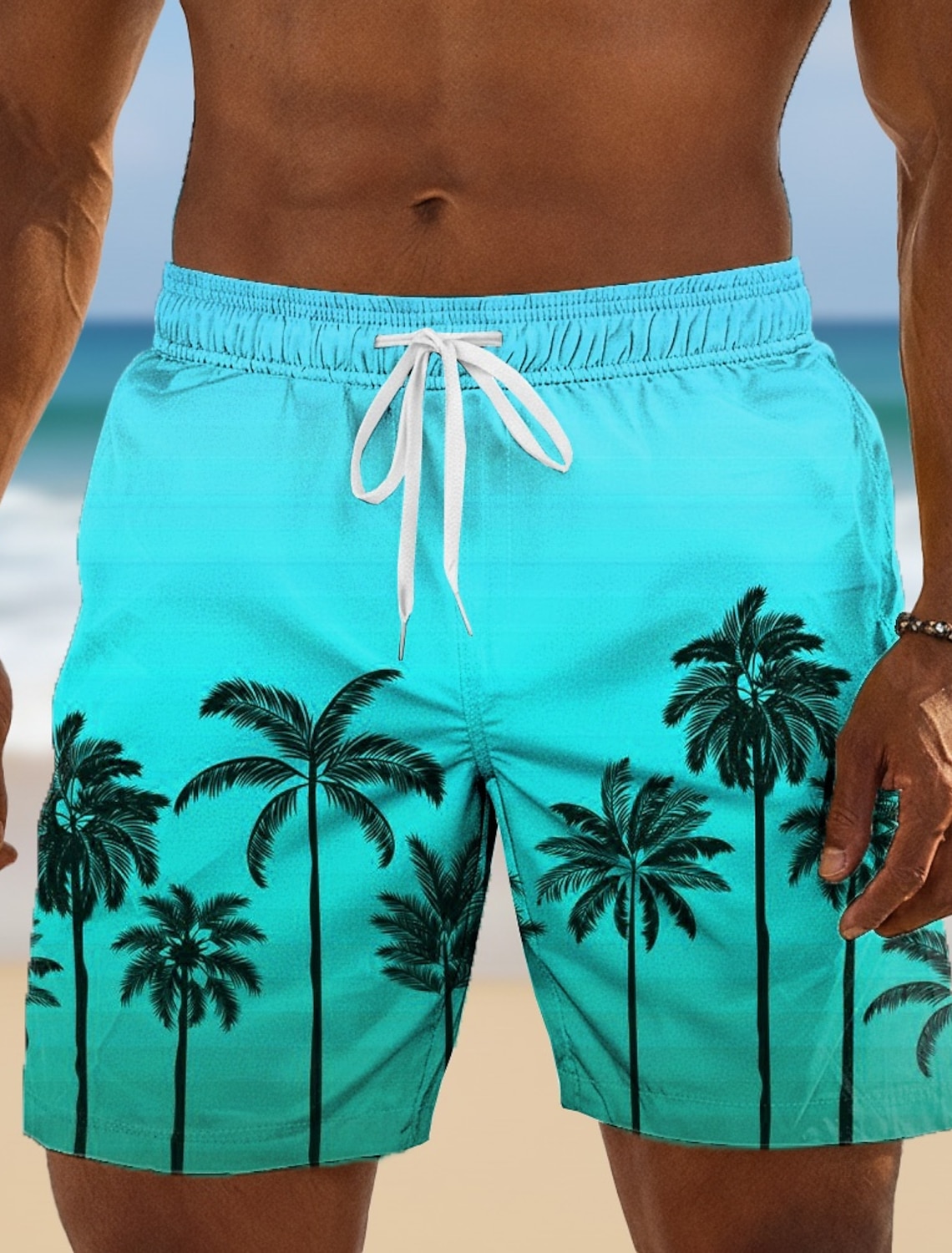 Men's Coconut Tree Gradient Color Tropical Plants Swim Trunks Swim Shorts Board Shorts Mid Waist Hawaiian Beach Vacation Wear Side Pockets Mesh Lining Elastic Drawstring Waist Designer Clothing