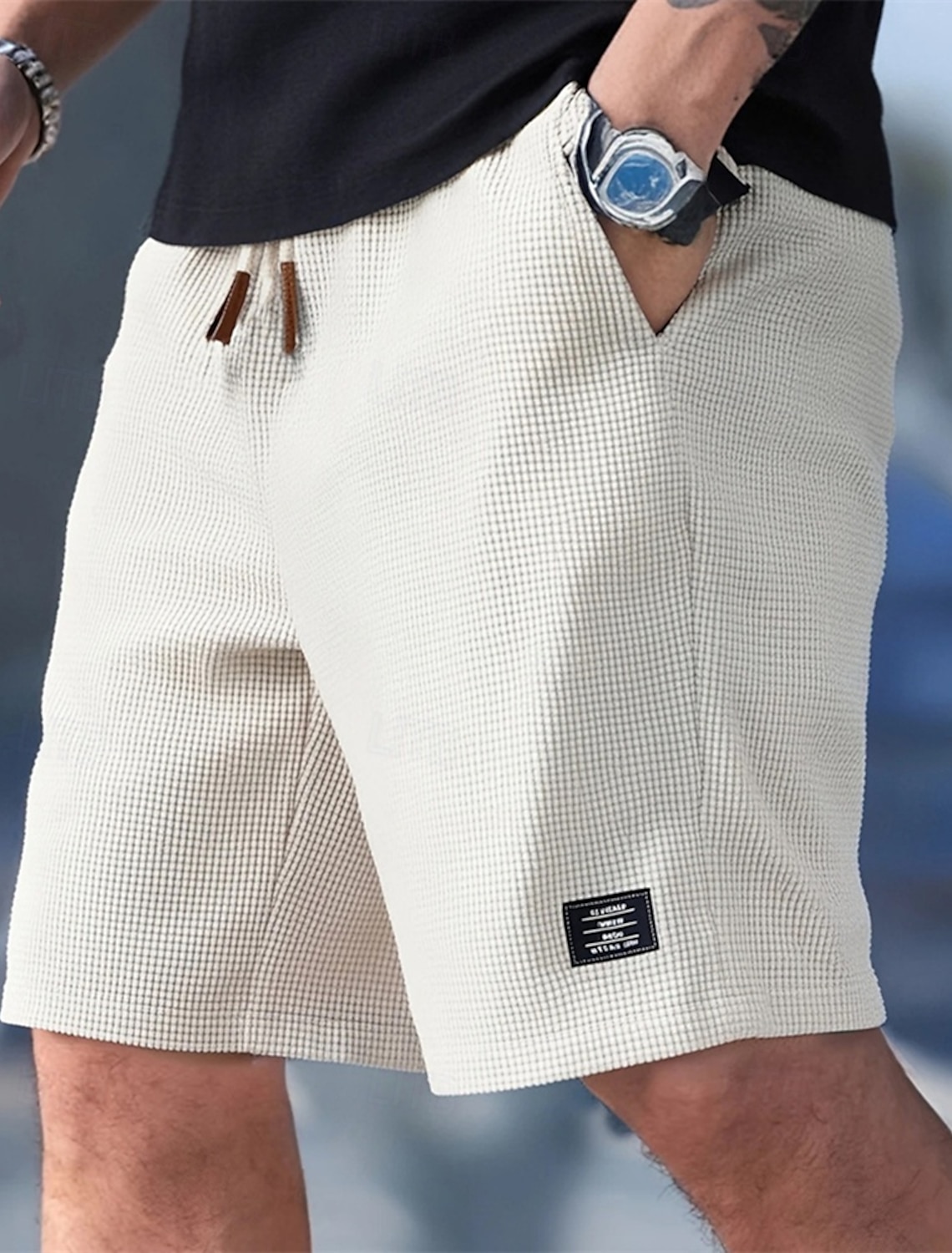 Men's Waffle Shorts Shorts Summer Shorts Casual Shorts Pocket Elastic Waist Drawstring Plain Comfort Breathable Knee Length Outdoor Vacation Sport Casual Black White Micro-elastic