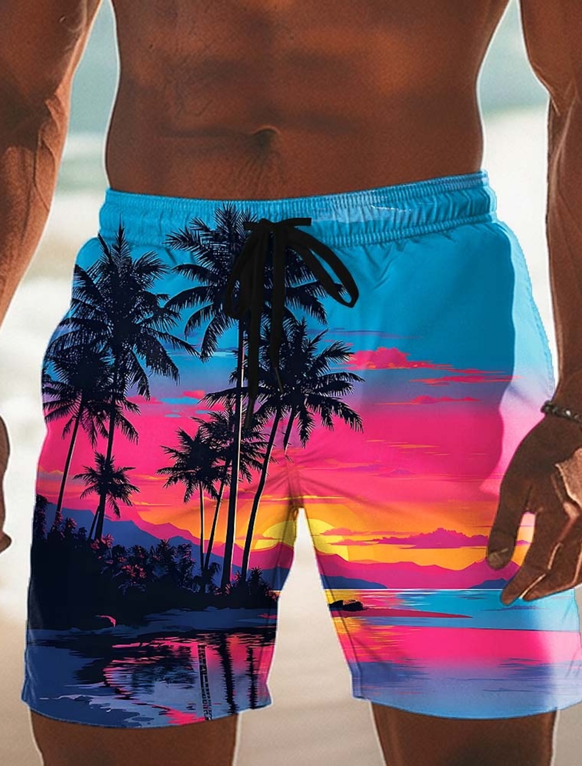 Men's Coconut Tree Gradient Color Tropical Plants Swim Trunks Swim Shorts Board Shorts Mid Waist Hawaiian Beach Vacation Wear Side Pockets Mesh Lining Elastic Drawstring Waist Designer Clothing