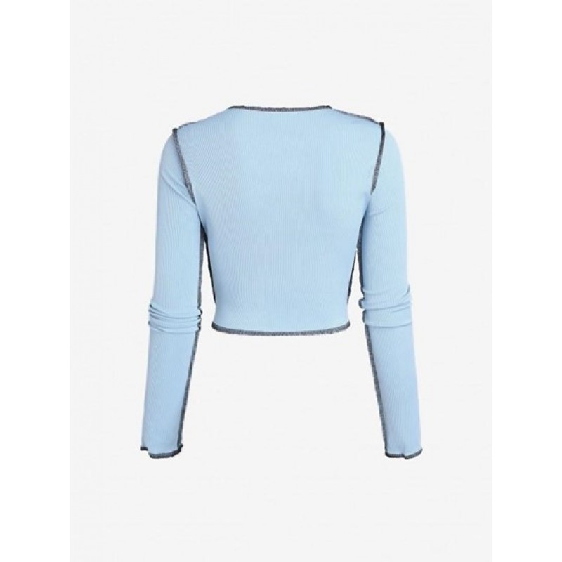 Ribbed Topstitching Tie Front Crop T Shirt SM3585