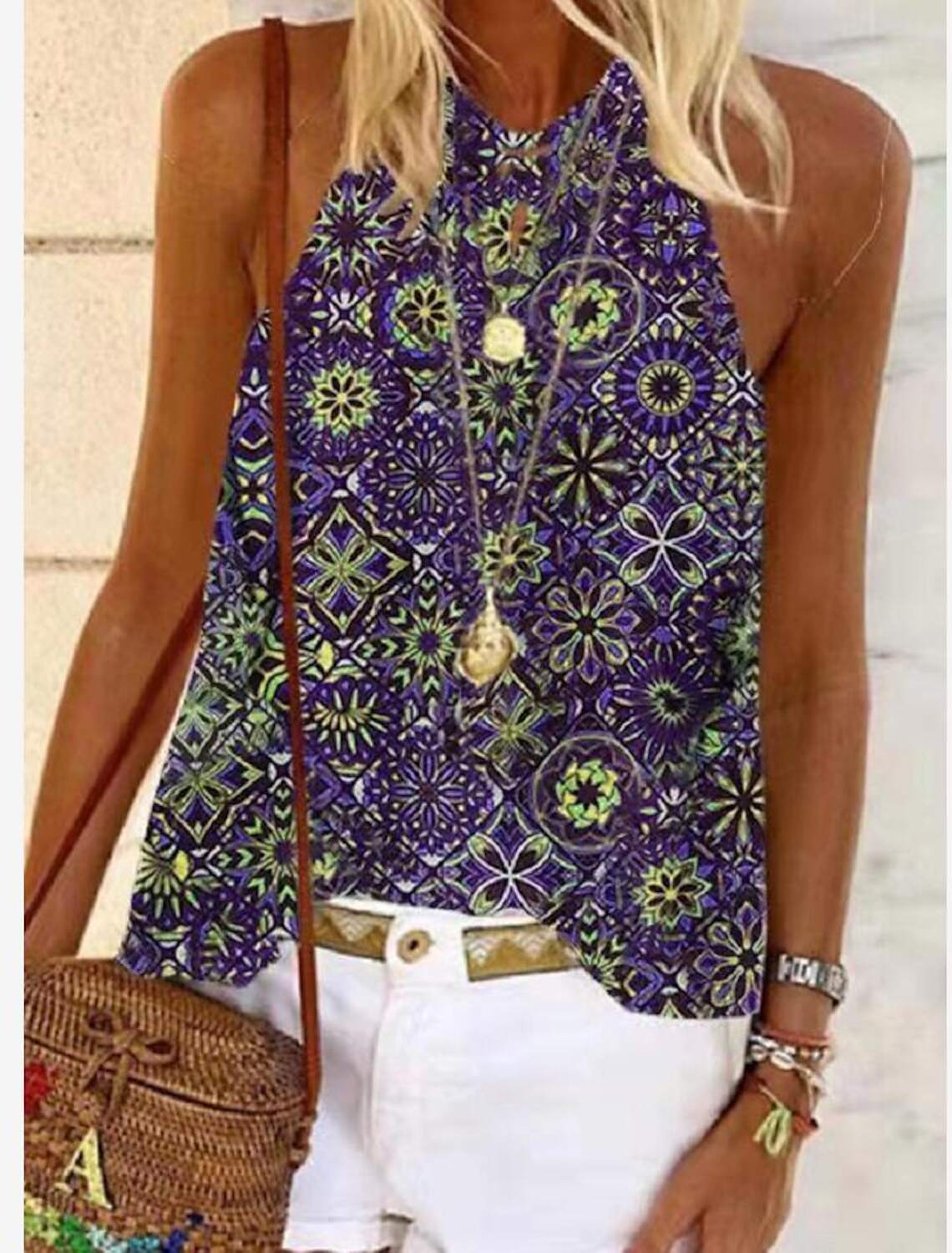 Women's Tank Top Halter Summer Tops Graphic Floral Sleeveless Ethnic Boho Halter S