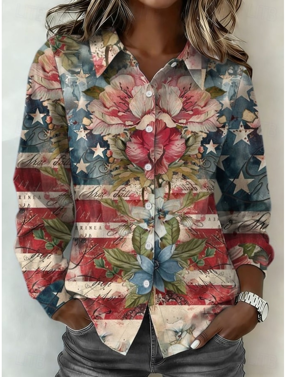 American Independence Day Women's Shirt Buttons Print Graphic America's Anniversary Vintage Stylish Modern Long Sleeve Shirt Collar Regular Tops Daily Black Red Sky Blue Khaki Summer Spring