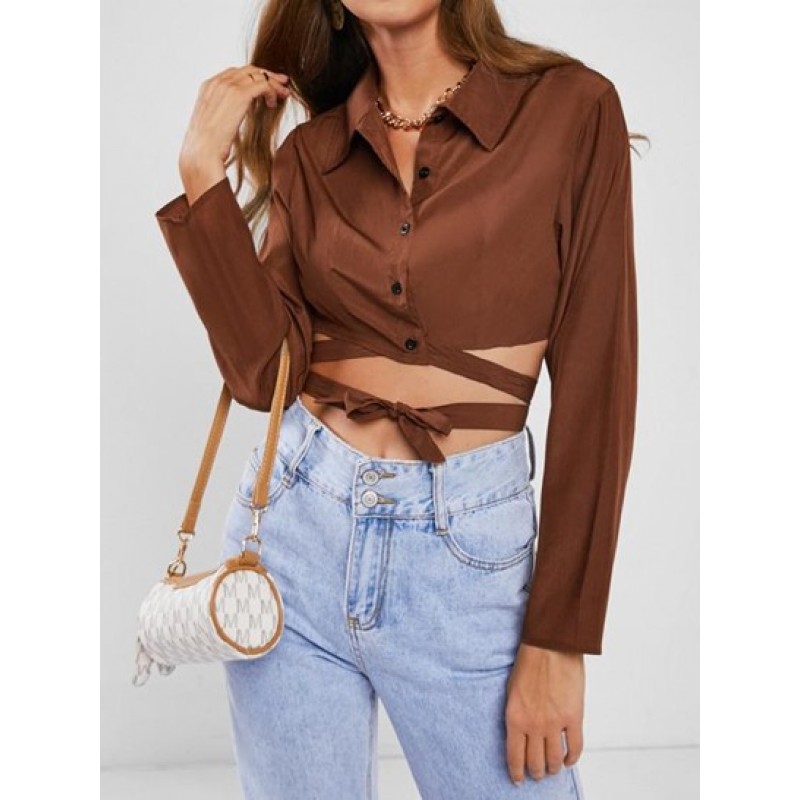 Button Up Midriff Flossing Crop Shirt RQ9431