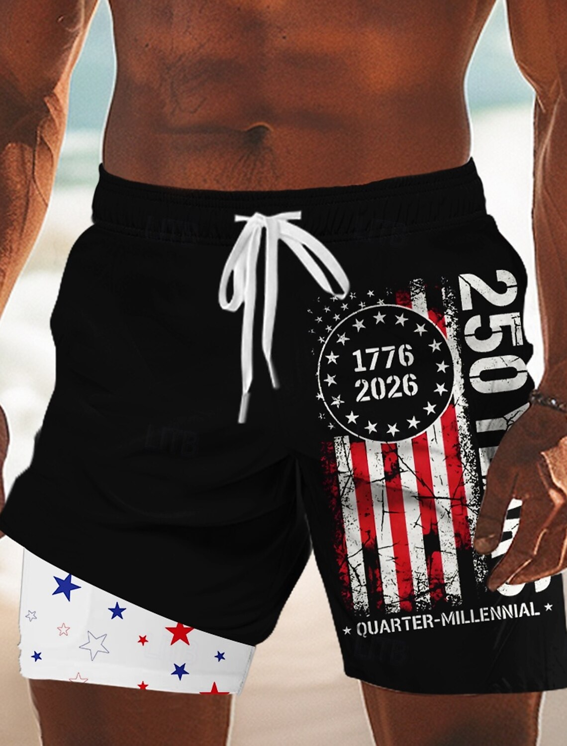 Men's 4th of July U.S. 250th Anniversary American Flag Lined Shorts 2 in 1 Board Shorts Swim Shorts Mid Waist Patriotic Holiday Side Pockets With Compression Liner Elastic Drawstring Waist Designer