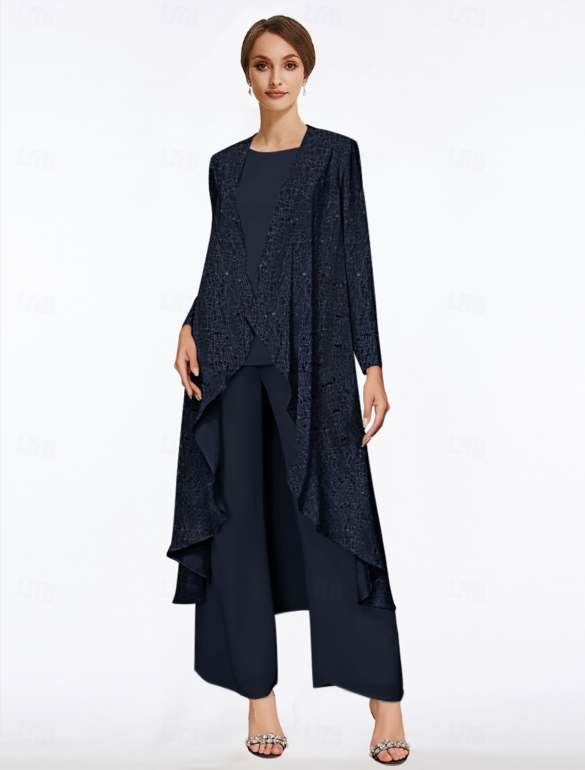 Jumpsuit Pantsuit 3 Piece Floor Length Mother of the Bride Dress Sleeveless Scoop Neck Elegant Wedding Guest Chiffon Lace Wrap Included with Sequin