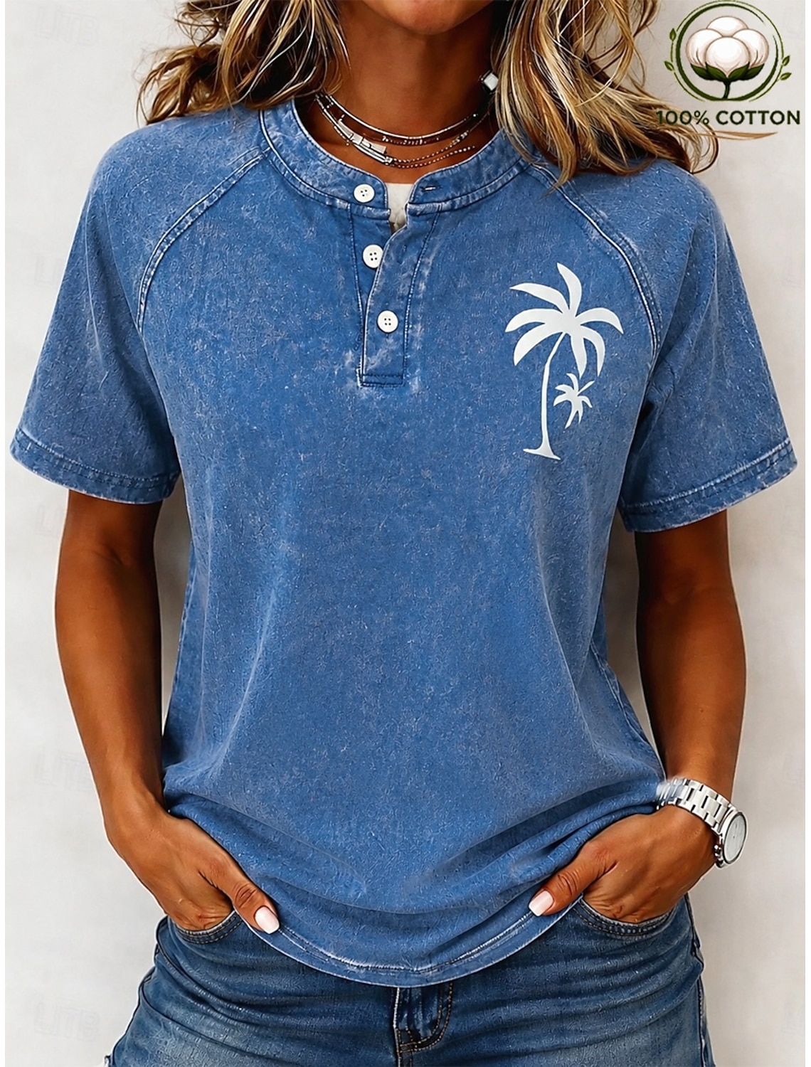 SoftFade™ Women's Vintage 100% Cotton Henley Shirt - Soft Washed Short Sleeve Basic Tops