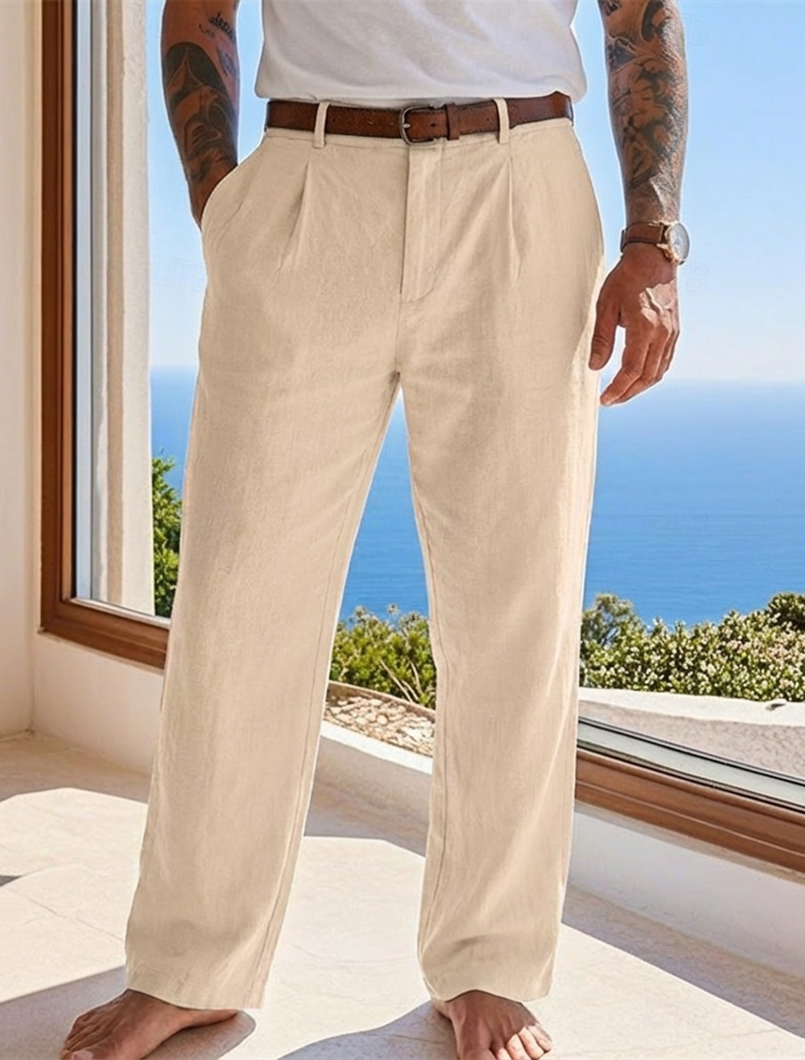 Men's Cotton Linen Pants Trousers Summer Pants Baggy Pants Beach Pants Pocket Solid Color Comfort Breathable Full Length Casual Daily Outdoor Vacation Fashion Blue Black Inelastic