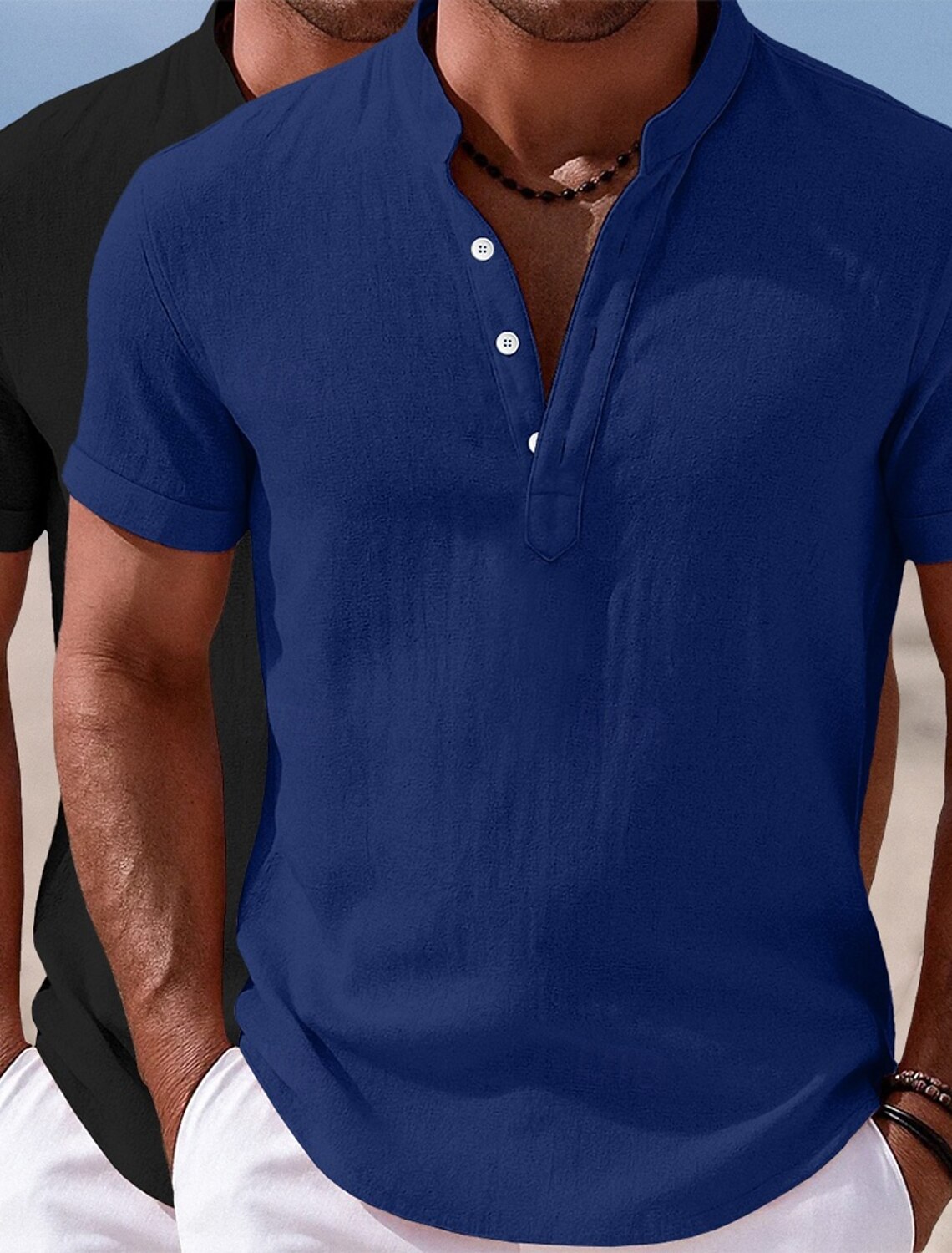 Men Shirt Linen Shirt Popover Shirt Summer Shirt Beach Wear Band Collar Shirt Plain Casual Daily Green+Gray White+Pink Black+Navy Blue Green+Khaki Short Sleeve Henley Summer Clothing Apparel