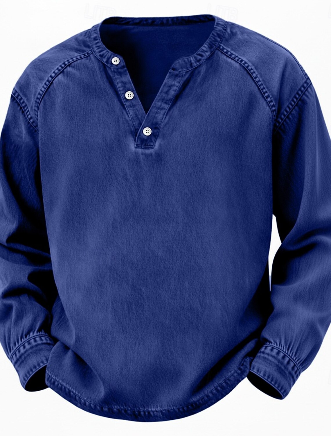 Men's T Shirt Henley 100% Cotton Acid Wash Tee Top Long Sleeve Plai #2