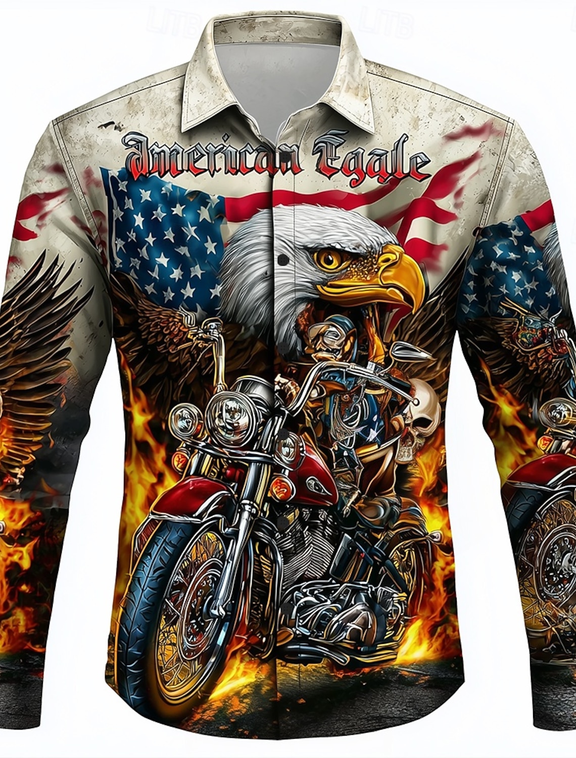 Men's Hellfire Flames American US Flag Eagle Shirt Button Up Shirt Long Sleeve Vintage Retro Outdoor Casual Holiday Spring Fall Turndown 3D Print Collared Shirts Khaki